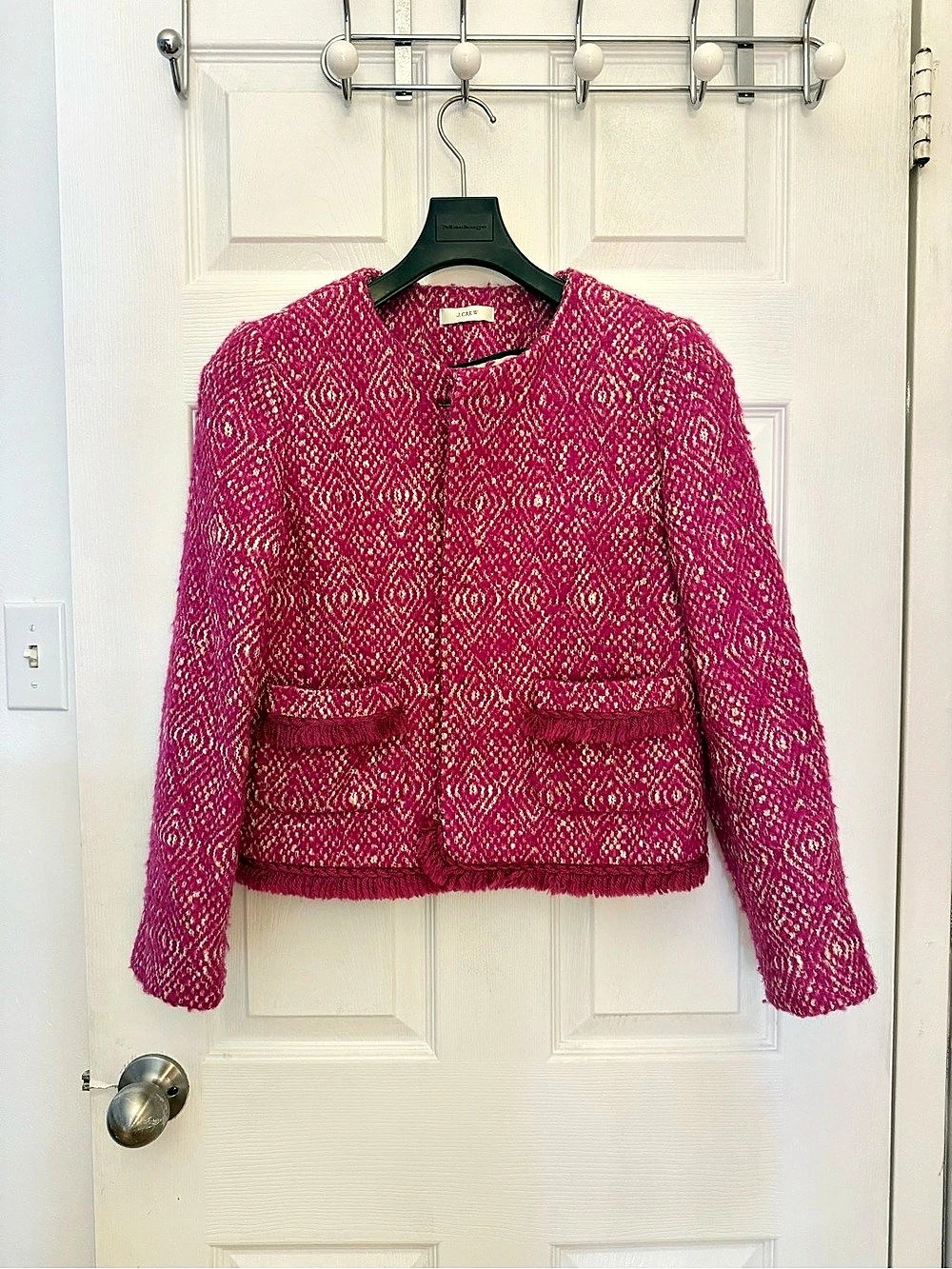 J.Crew Diamond Tweed Jacket Geometric Fringe in Pink